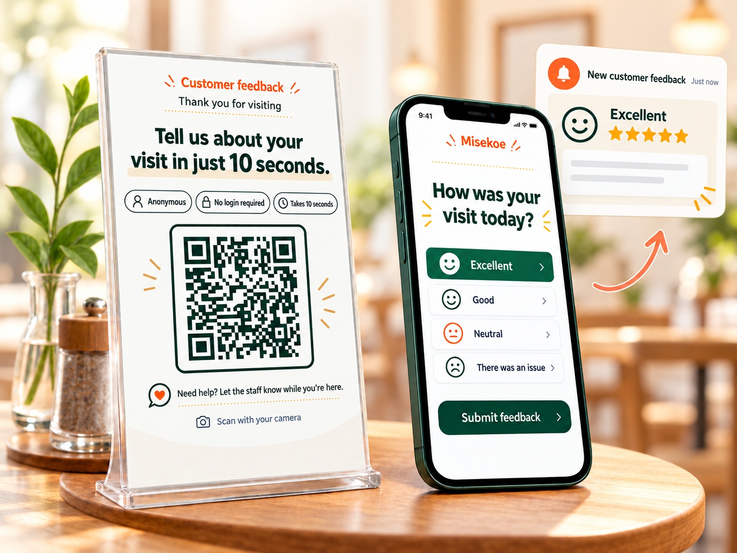 A restaurant guest scans a Misekoe QR survey and the restaurant receives feedback